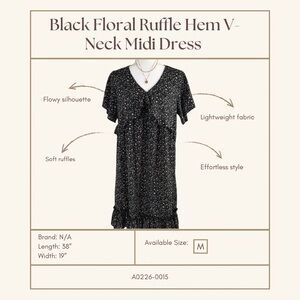 Black Floral Ruffle Hem V-Neck Midi Dress